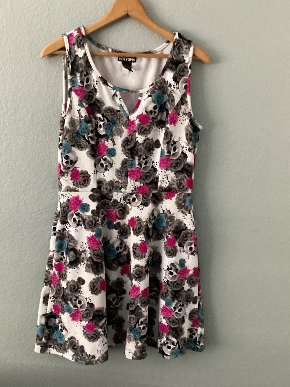 Hot Topic White Floral Skull Fit-and-Flare Dress with Pink & Teal Accents